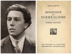 Andres Breton y portada de la primera edicion del Manifiesto surrealista