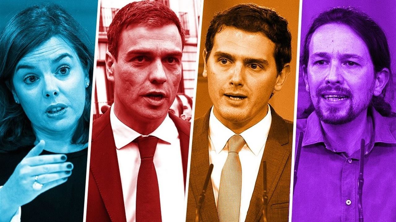 Llega el 'debatazo'... sin presidente: Sánchez, Iglesias, Rivera y Santamaría se ven las caras de pie, sin atriles y sin teléfonos móviles