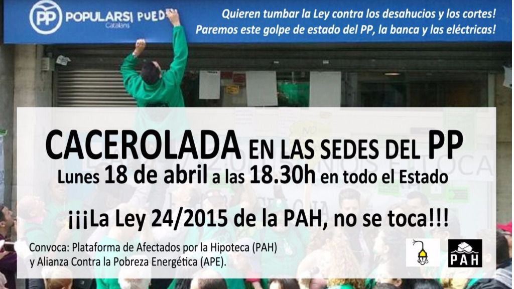 La PAH convoca caceroladas frente a todas las sedes del PP de España