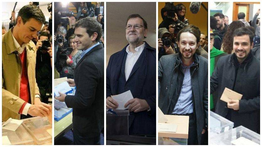 Candidatos votando: Sánchez, Rajoy, Rivera, Iglesias y Garzón