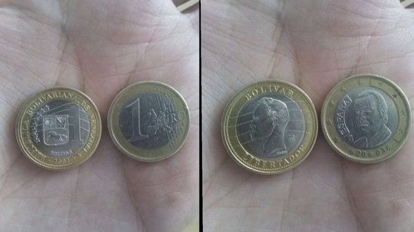 Un bolívar venezolano y 1 euro español
