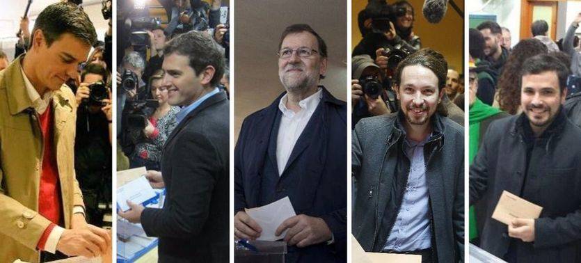 Candidatos votando: Sánchez, Rajoy, Rivera, Iglesias y Garzón