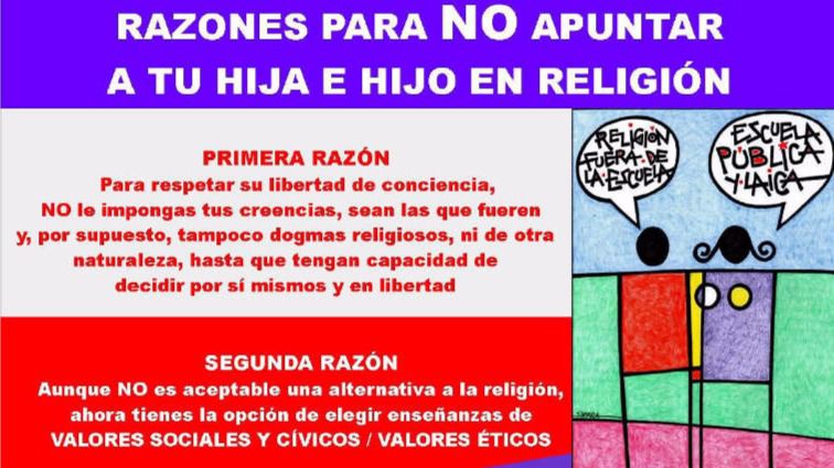 Campaña de Europa Laica para que los padres respeten la libertad de conciencia de sus hijos y no los apunten a Religión