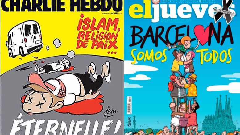 Revistas satíricas 'Charlie Hebdo' y 'El Jueves' ilustrando los atentados de Cataluña