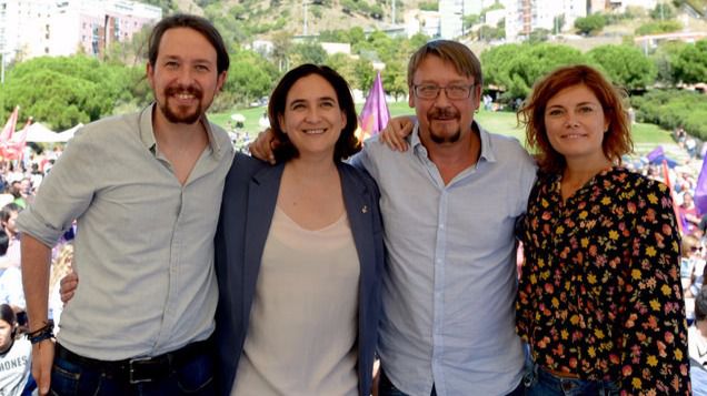 Ada Colau, Xavier Domènech, Elisenda Alamany y Pablo Iglesias en el acto de CeC por la Diada 