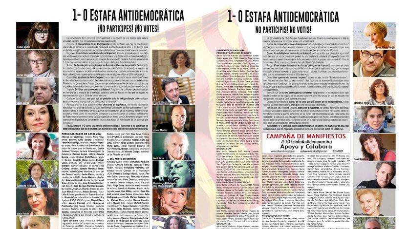 Manifiesto contra la “estafa antidemocrática” del 1-O, una “trampa a la sociedad catalana”