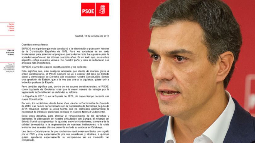 Sánchez se justifica por carta ante la militancia: "El PSOE no ha dado carta blanca a Rajoy para aplicar el 155"