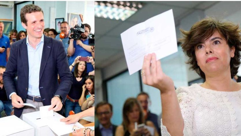 Los candidatos Pablo Casado y Soraya Sáenz de Santamaría votan en las primarias del PP