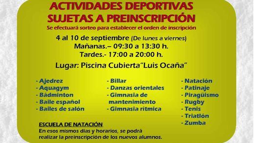 El plazo de preinscripciones para las actividades deportivas estará abierto desde el 4 hasta el 10 de septiembre