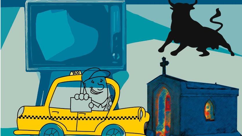 Ilustración televisión, toros, taxi, iglesia