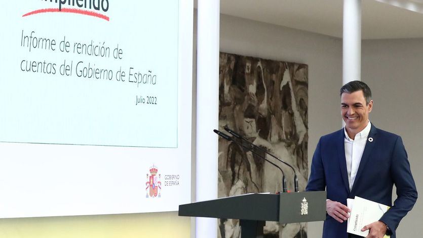 El presidente del Gobierno, Pedro Sánchez, durante su comparecencia para presentar el informe de rendición de cuentas del Ejecutivo