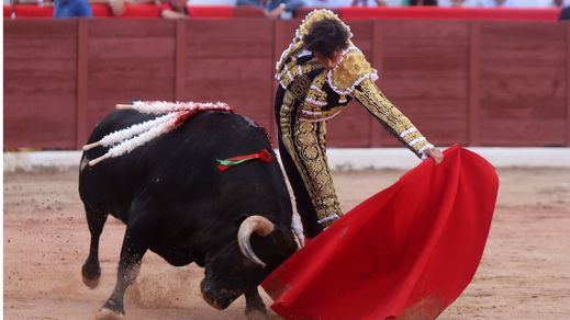 Roca Rey muletea a su primer enemigo, de romos pitones, del que obtuvo una oreja.