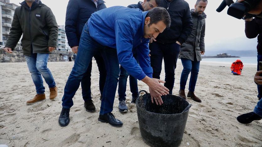 El conselleiro gallego del Mar, Alfonso Villares, recogiendo pellets de una playa