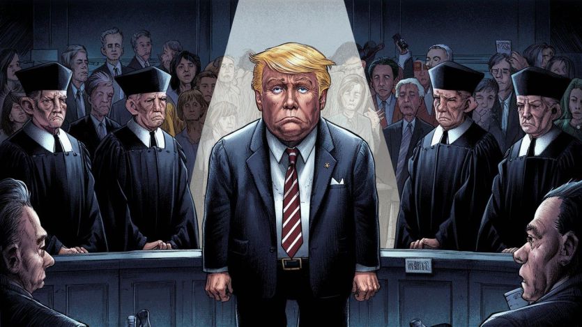 Recreación de Donald Trump siendo juzgado