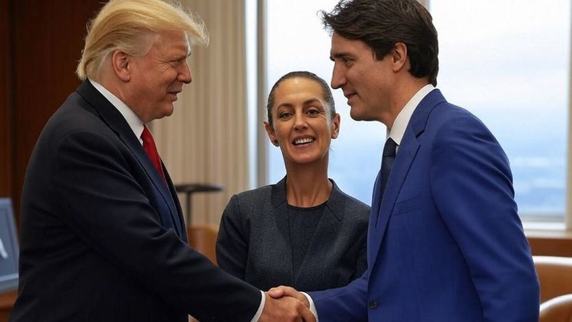 Trump, Sheinbaum y Trudeau, mandatarios de EEUU, México  y Canadá, respectivamente