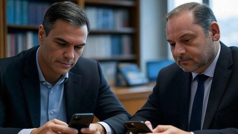 Imagen recreada de Pedro Sánchez y José Luis Ábalos escribiendo al móvil