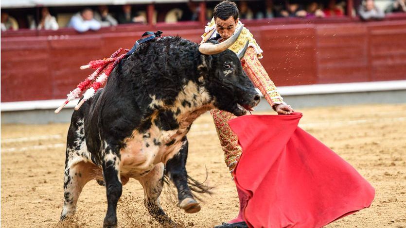 Ureña en su faena de muleta de su segundo enemigo, que embestía con la cabeza arriba.