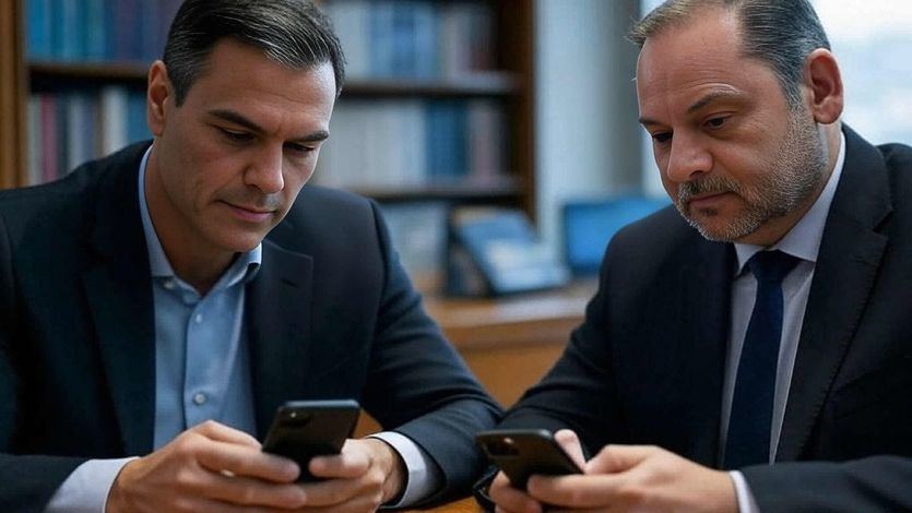 Imagen recreada de Pedro Sánchez y José Luis Ábalos escribiendo al móvil