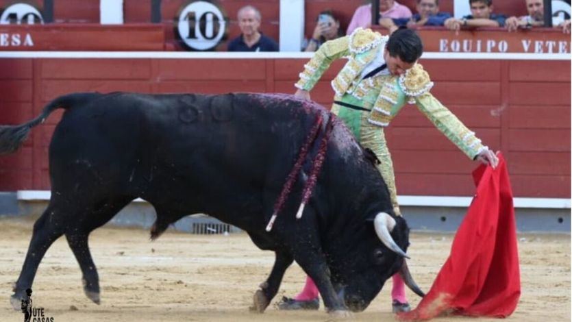 Juan Ortega muletea a su primer toro del que obtuvo una oreja.