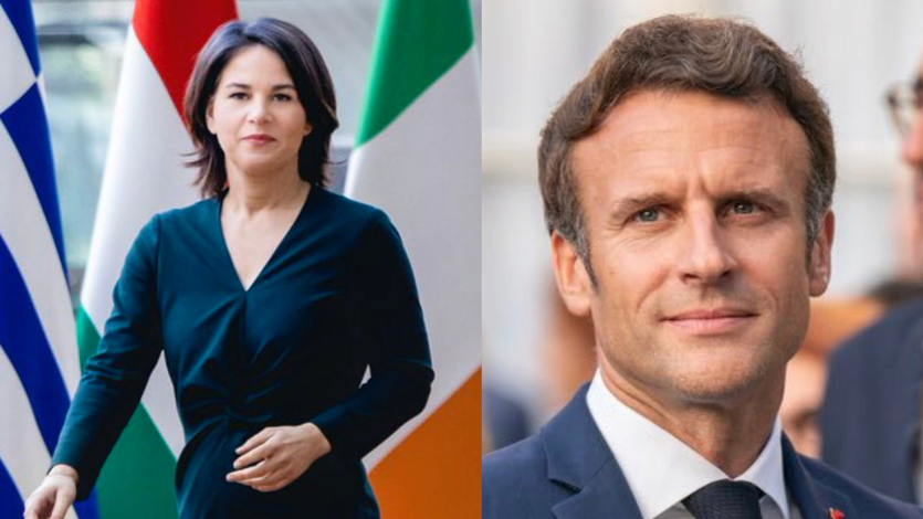 Annalena Baerbock, ministra de Exteriores alemana y Emmanuel Macron, presidente de Francia