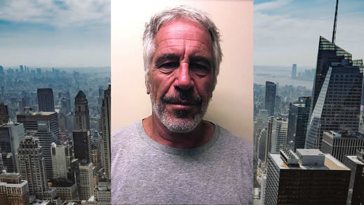 Ficha policial de Jeffrey Epstein y un paisaje de Nueva York