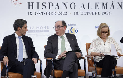 José María Álvarez-Pallete, presidente de Telefónica, Ignacio Galán, presidente de Iberdrola, y Belén Garijo, presidenta y CEO de Merck, en el X Foro Hispano-Alemán