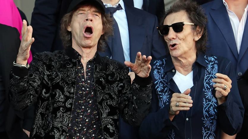 Mick Jagger y Ron Woods, integrantes de los Rolling Stones, durante el partido Real Madrid-Barça