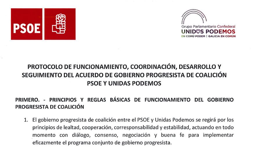El documento firmado por el PSOE y Podemos sobre el funcionamiento del Gobierno