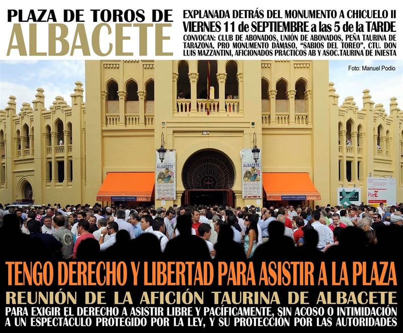 Aficionados a la tauromaquia de Albacete reivindicarán el 11 de septiembre su "derecho y libertad a asistir a la plaza"