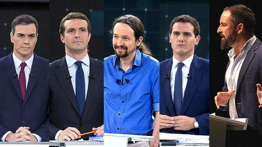 Debate a 5 con horarios controvertidos: Sánchez, Casado, Rivera, Iglesias y Abascal se enfrentarán hasta casi la 1 de la mañana