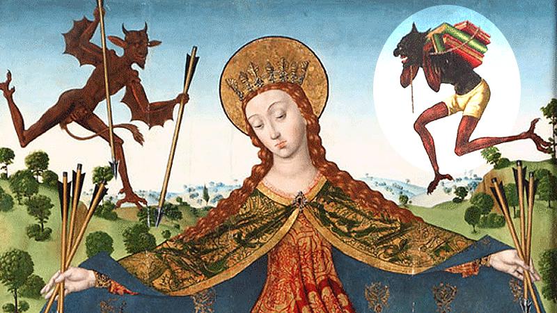 Extracto del cuadro de Diego de la Cruz titulado 'La Virgen de la Misericordia con los Reyes Católicos y su familia', donde se destaca a la derecha la imagen de Titivillus