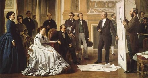 Eugenia y su esposo en 1853 informándose del proyecto de ampliación del palacio del Louvre