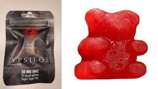 Imagen de una bolsa de 'HHC Gummies Strawberrry' y una gominola con forma de oso de su interior