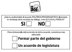 Así es la papeleta con la que las bases de IU votan por el pacto en Andalucía