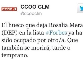 Un mensaje de CCOO-CLM sobre Rosalía Mera la lía en Twitter