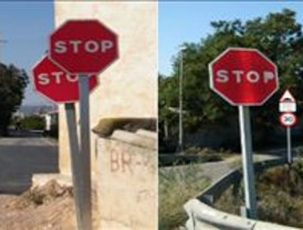 Señales de STOP dobles en el tramo del nuevo carril bici LA FICA-BENIEL