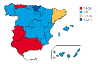 Resultados por autonomías: PP y PSOE se reparten todas las comunidades menos Cataluña y Euskadi