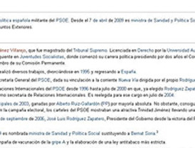 Wikipedia actualizó el cargo de Trinidad Jiménez a primera hora de la mañana