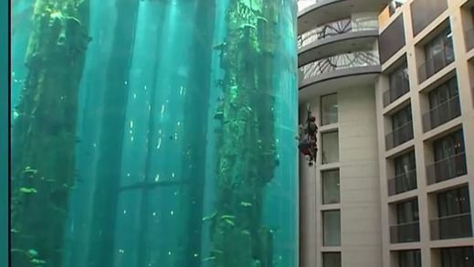 El mayor acuario cilíndrico, ubicado en un hotel de Berlín, revienta y deja 2 heridos