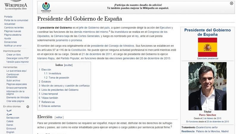 Pedro Sánchez fue presidente del Gobierno por unos minutos... en la 'Wikipedia'