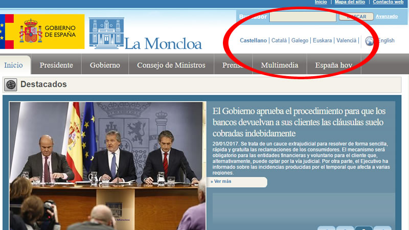 El Gobierno pide el español en la Casa Blanca mientras falla a catalanes y vascos en la web de La Moncloa