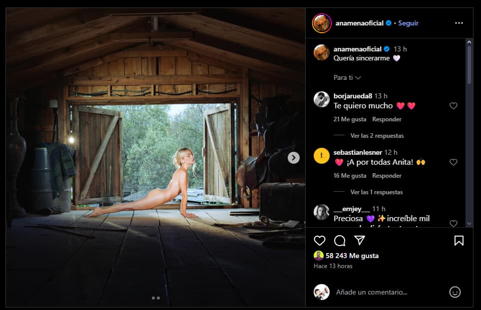 El post de Ana Mena posando desnuda en su perfil en Instagram