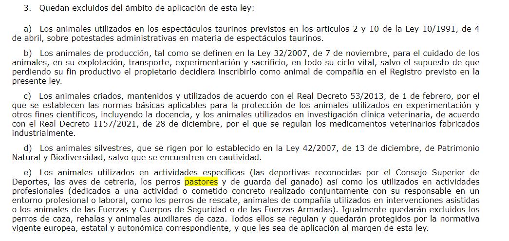 Fragmento de la Ley de Bienestar Animal en el BOE