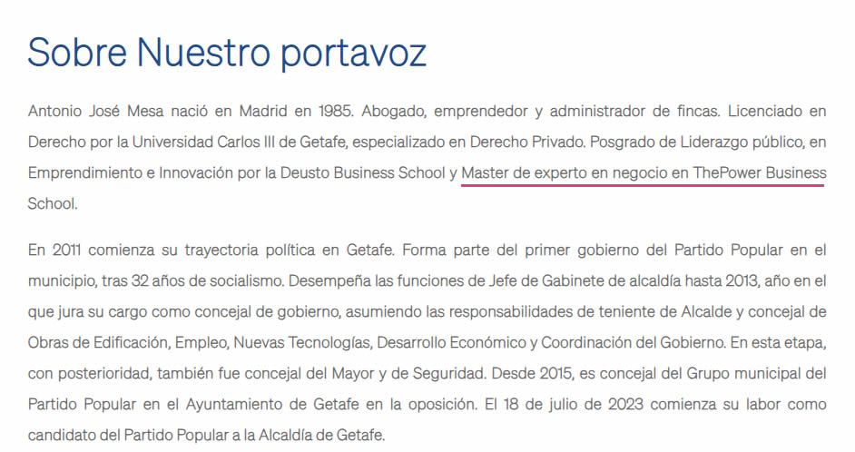 Texto breve con el CV de Mesa, en la web del PP de Getafe