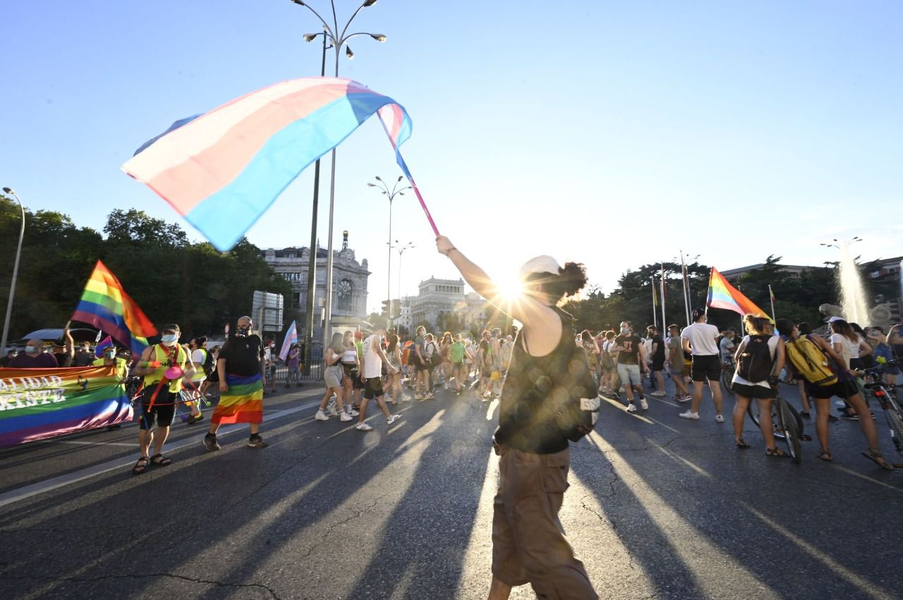 Persona alza la bandera trans en la manifestación del Orgullo (Foto: Chema Barroso)