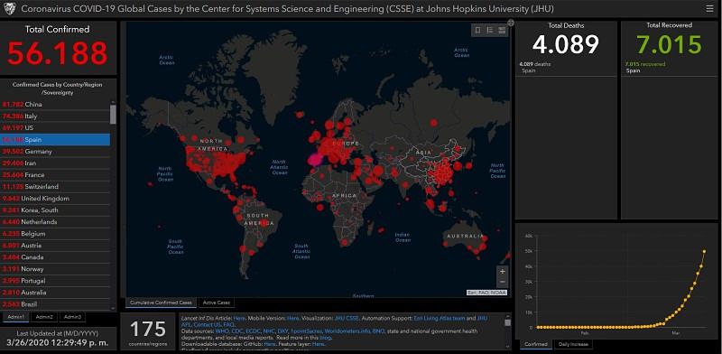 Mapa ultimos datos del coronavirus (Foto: Captura web Johns Hopkins CSSE)